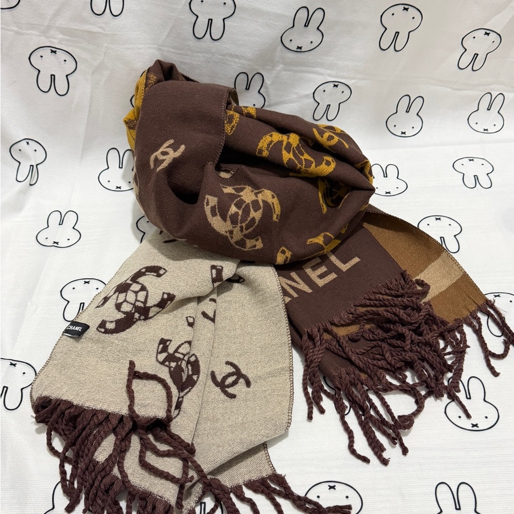 CHANEL Brown Logo Fringe Scarf with Gold Accents - Picture 2 of 6